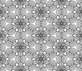 Retro abstract flower seamless pattern. Wrapping paper flat botanical design. Textile herbal ornament. Monochrome ornate background. Lace elegant fabric decor. Vintage geometric foliage backdrop