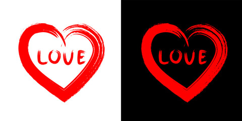 Vector background red heart drawn with a brush on a white and black background