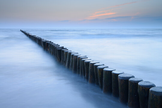 Groyne before sunrise, Zingst, Darss, Fischland-Darss, Baltic sea, Mecklenburg-Western Pomerania, Germany, Europe