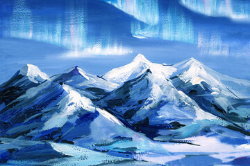 Northern lights, Mountains in the snow painting, oil art on canvas, winter landscape drawing 
