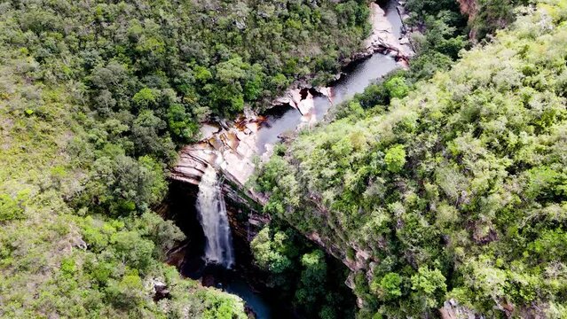 Aerial and ground view of Mosquitoe Falls, in Chapada Diamantina, Bahia Brazil, a former site of diamond mining