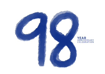 98 year anniversary celebration blue color logotype vector, 98 number design, 98th Birthday invitation, logo number design vector illustration, blue logo brushstroke illustration