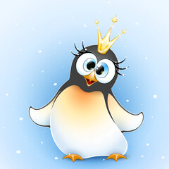 Cute little cartoon funny penguin princess with crown under winter snowfall