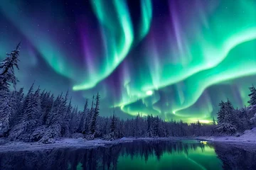 Foto auf Alu-Dibond Aurora borealis landscape in nordic arctic forest, pines and snow sunset mattepainting illustration © R3m0z