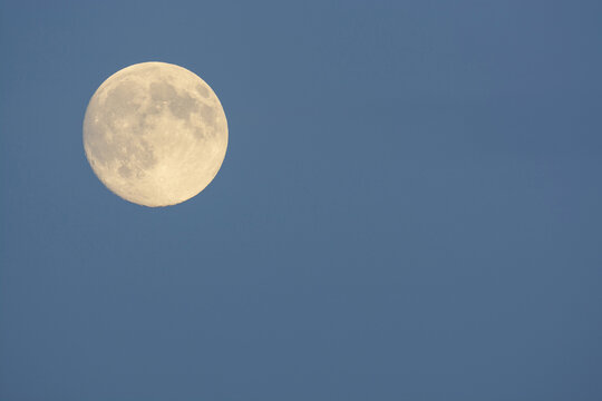 Full moon in sky at dusk, Odenwald, Hesse, Germany