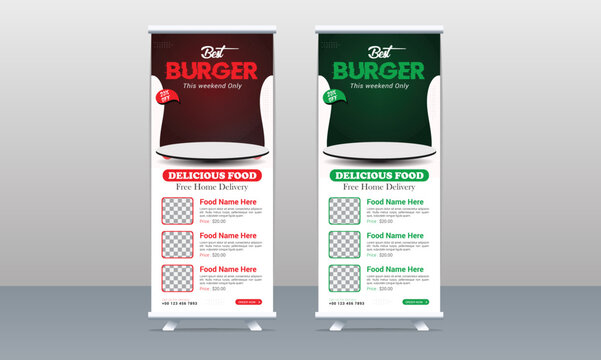 Restaurant food roll up banner design or fast food roll up x banner template design.