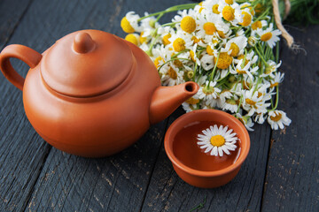 Obraz na płótnie Canvas fresh chamomile flowers and a cup of herbal chamomile tea