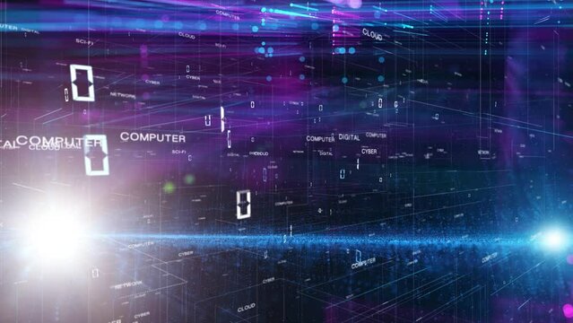 Aristic metaverse cyber space with binary numbers and technology word cloud animation.