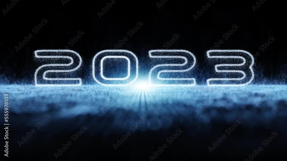 Wall mural digital technology detailed wavy lines on black background with 2023 year animation. seamless loopin