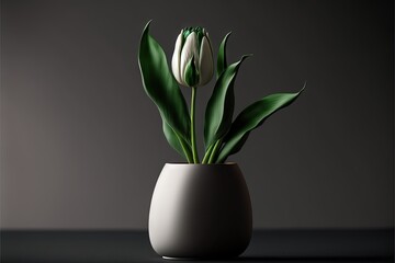 a white vase with a green plant in it on a table top with a dark background and a gray wall.