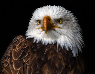The American Bald Eagle has been the national emblem of the United States since 1782 and a spiritual symbol for native people. The raptor has a dark brown body with a white head and tail. Head shot.