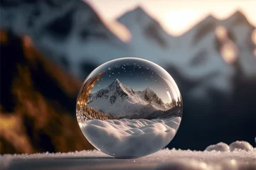 Fotobehang glass sphere with mountain in winter and with snowflakes © wernerimages