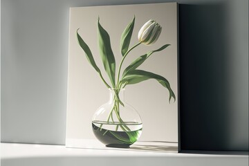 a vase with a flower in it on a shelf next to a wall mounted canvas of a tulip.