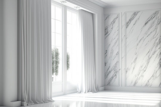 white luxurious room with white marble and curtains