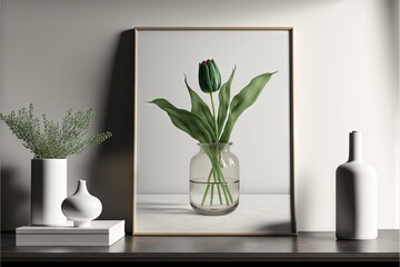 a vase with a flower in it sitting on a shelf next to a vase with a flower in it.