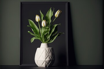 a white vase with yellow flowers in it on a table next to a framed picture of tulips.