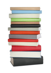 Stack of different books on white background