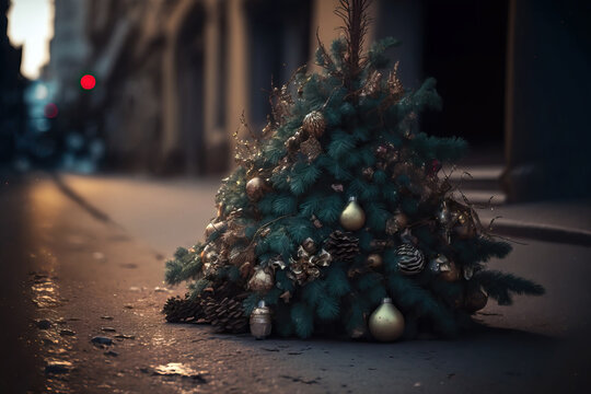abandoned christmas tree lying on the stree at night