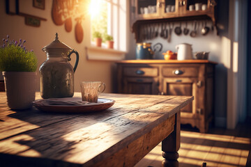 Fototapeta na wymiar a woden table with blurry background of vintage kitchen