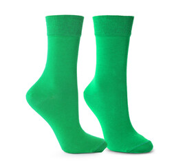 Pair of bright green socks isolated on white