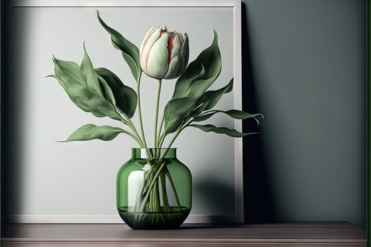 a vase with a flower in it on a shelf next to a framed picture of a tulip and leaves. Generative AI