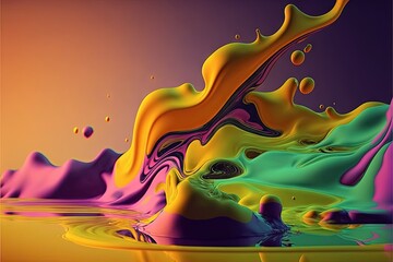 a colorful liquid painting with a splash of water on it's surface and a purple background with a yellow drop.