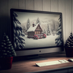 christmas house in front of the fireplace with lap top