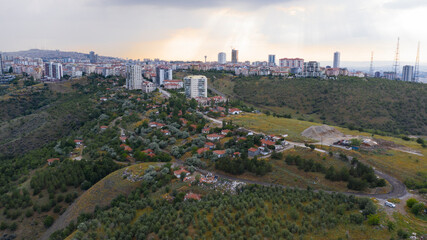 Aerial view of slum street and village.