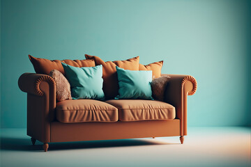 brown couch with pillows in room with blue wall