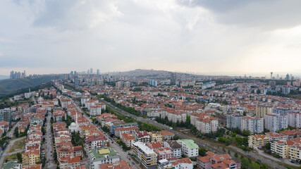 Aerial view of highway and sunset.4K UHD Aerial photo.