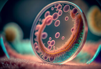 Macro close up shot of bacteria and virus cells in a scientific laboratory petri dish. Generative ai - obrazy, fototapety, plakaty
