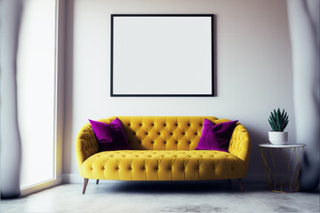 frame mockup in room with a yelllow couch