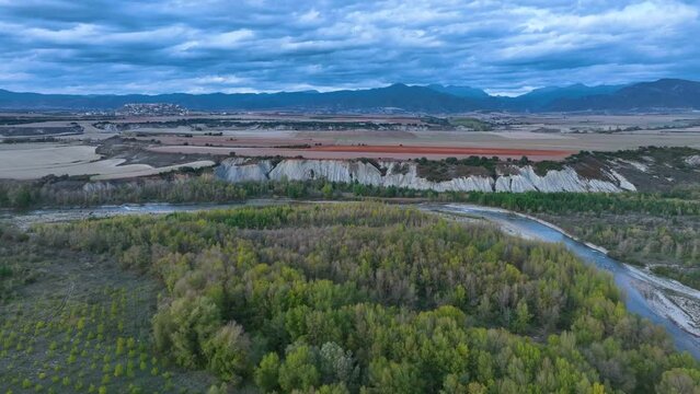 Landscape of the Aragon river in the surroundings of the town of Arr&eacute;s. Aerial view from a drone. Municipality of Bailo.The Jacetania. Huesca, Aragon, Spain, Europe
