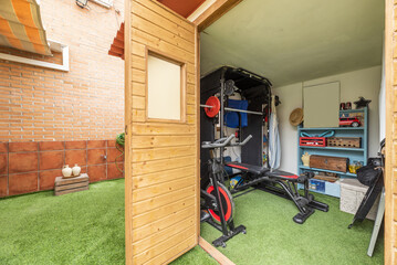 A tool shed transformed into a home gym with artificial grass flooring