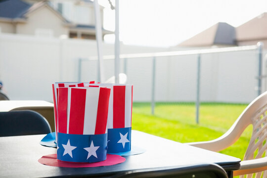 Close-up of American, patriotic paper hats on table outdoors, Independence Day, USA