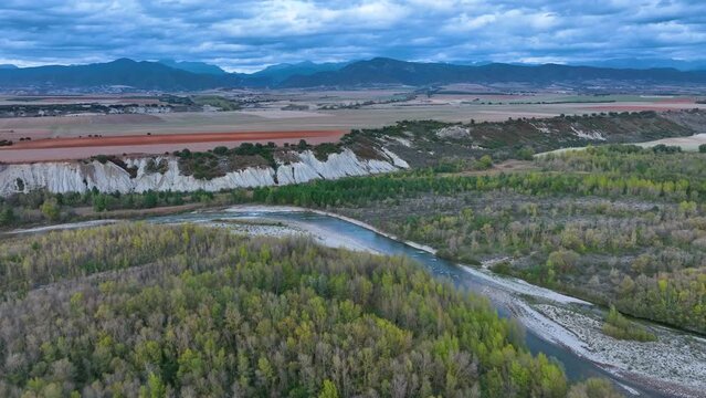 Landscape of the Aragon river in the surroundings of the town of Arr&eacute;s. Aerial view from a drone. Municipality of Bailo.The Jacetania. Huesca, Aragon, Spain, Europe