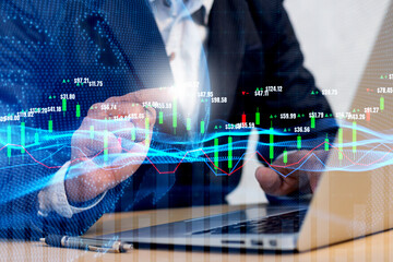 businessman touching screen stock market candlestick chart 