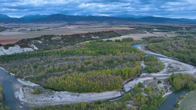 Landscape of the Aragon river in the surroundings of the town of Arr&eacute;s. Aerial view from a drone. Municipality of Bailo.The Jacetania. Huesca, Aragon, Spain, Europe