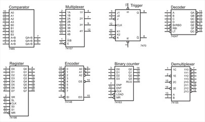 Conditional graphic designations of integrated circuits:
register, comparator, multiplexer, trigger,
counter, decoder, demultiplexer.
Vector icons of electronic components of the electrical circuit.  - obrazy, fototapety, plakaty