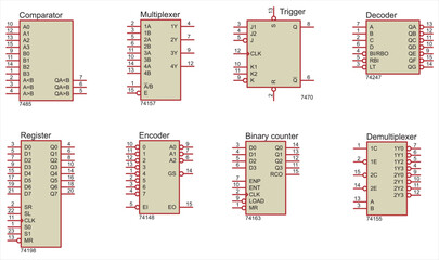 Conditional graphic designations of integrated circuits:
register, comparator, multiplexer, trigger,
counter, decoder, demultiplexer. Vector icons of electronic components of the electrical circuit.  - obrazy, fototapety, plakaty