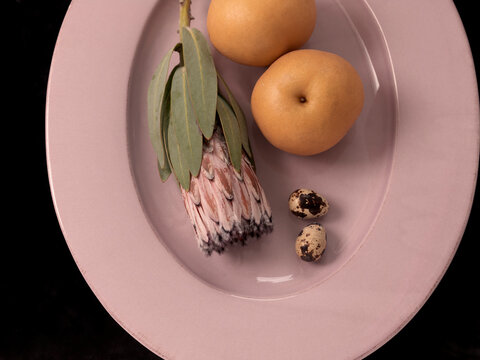 Protea Flower, Chinese Pear and Quail Eggs