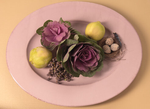 Quince, Flowering Kale, Quail Eggs and Berries
