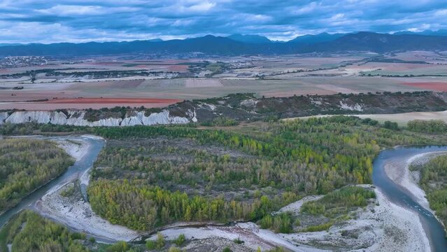 Landscape of the Aragon river in the surroundings of the town of Arr&eacute;s. Aerial view from a drone. Municipality of Bailo.The Jacetania. Huesca, Aragon, Spain, Europe