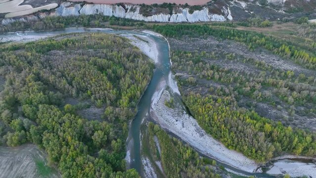Landscape of the Aragon river in the surroundings of the town of Arr&eacute;s. Aerial view from a drone. Municipality of Bailo.The Jacetania. Huesca, Aragon, Spain, Europe