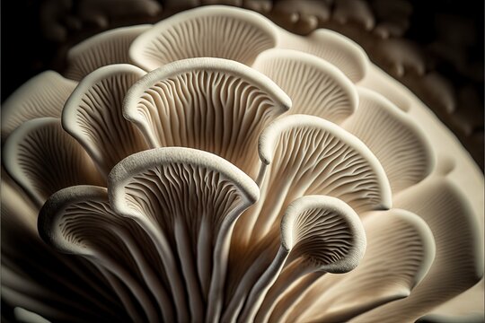 a close up of a bunch of mushrooms on a table top with a black background and a white background.