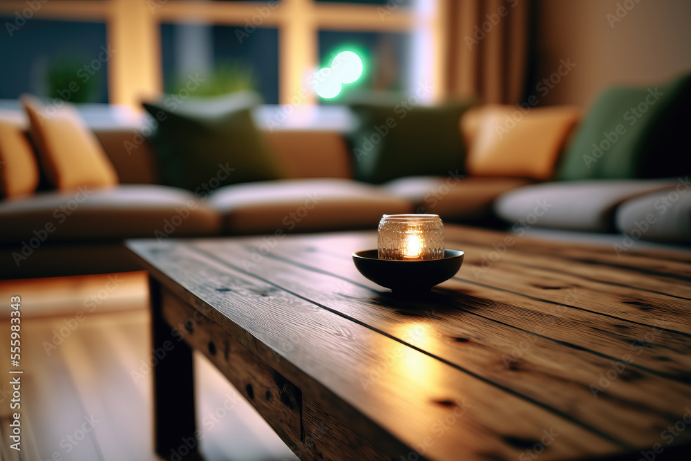 Wall mural wooden table and blurry background of comfortable living room