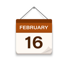 February 16, Calendar icon with shadow. Day, month. Meeting appointment time. Event schedule date. Flat vector illustration. 