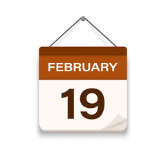 February 19, Calendar icon with shadow. Day, month. Meeting appointment time. Event schedule date. Flat vector illustration. 