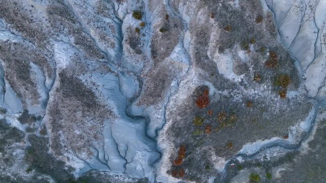 Erosion boulevards in the Aragon river in the surroundings of the town of Martes. Aerial view from a drone. Municipality of Bailo.The Jacetania. Huesca, Aragon, Spain, Europe