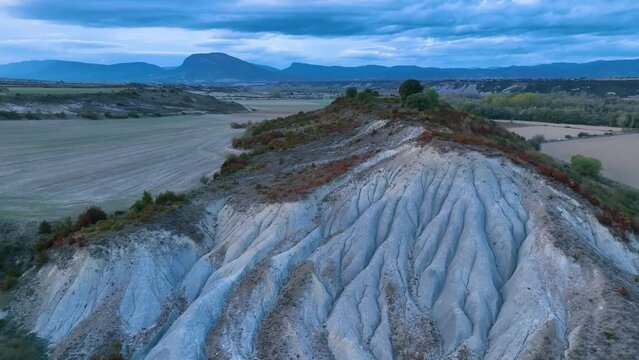 Erosion boulevards in the Aragon river in the surroundings of the town of Martes. Aerial view from a drone. Municipality of Bailo.The Jacetania. Huesca, Aragon, Spain, Europe